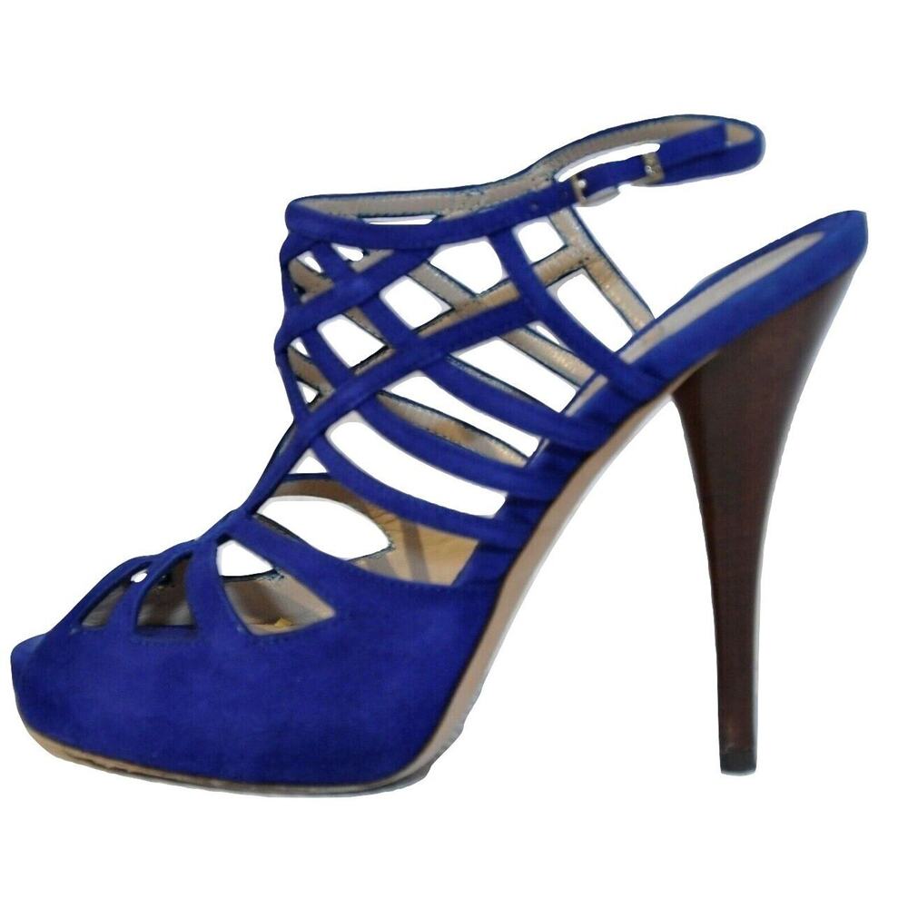 Fendi Italy Suede Cage Strappy Platform Sandal Heel Blue 38.5/8